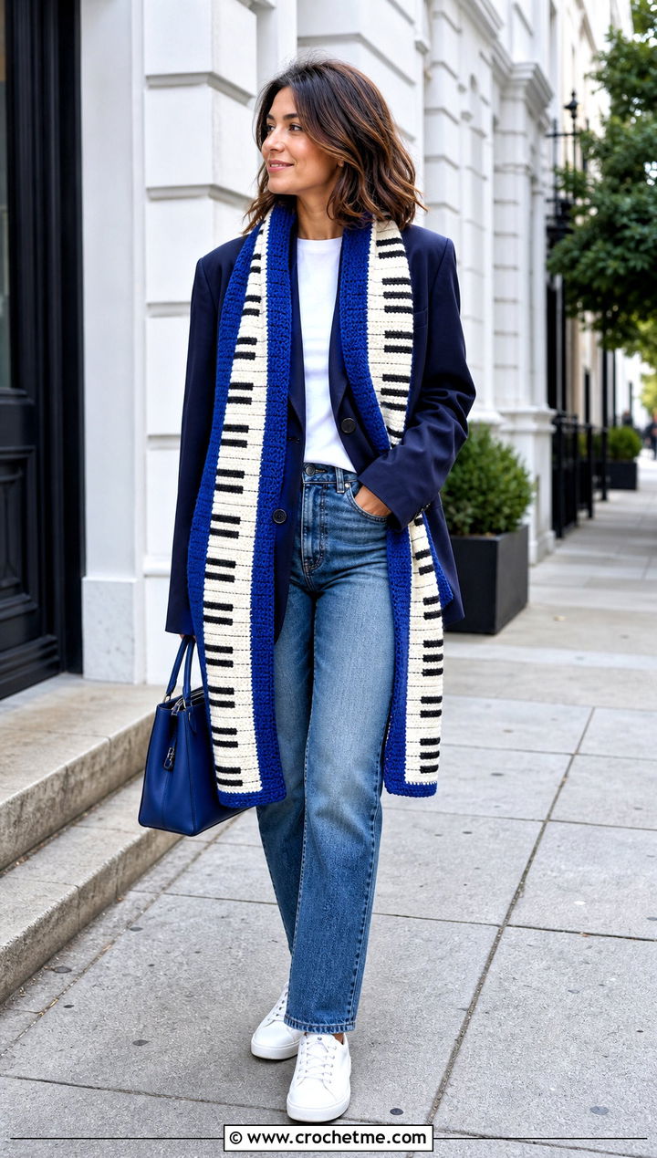 Classic Long Piano Scarf With Jeans And Blazer - 35 crochet piano scarf outfit ideas