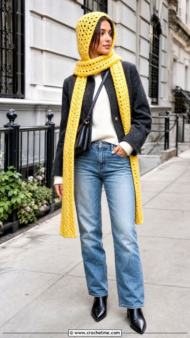Classic Long Tail Crochet Hood Scarf With Straight Leg Jeans - 35 crochet hood scarf outfit ideas
