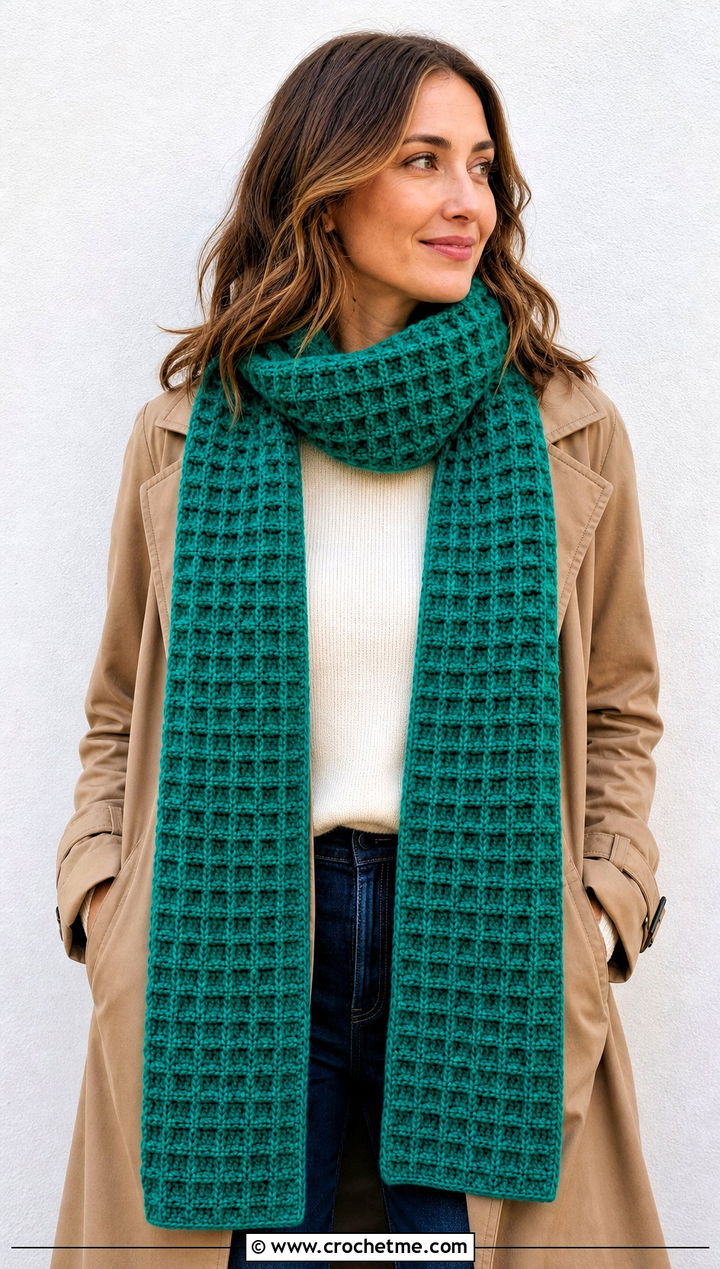 Classic Long Waffle Crochet Scarf With Trench Coat - 25 Waffle Crochet Scarf outfit ideas