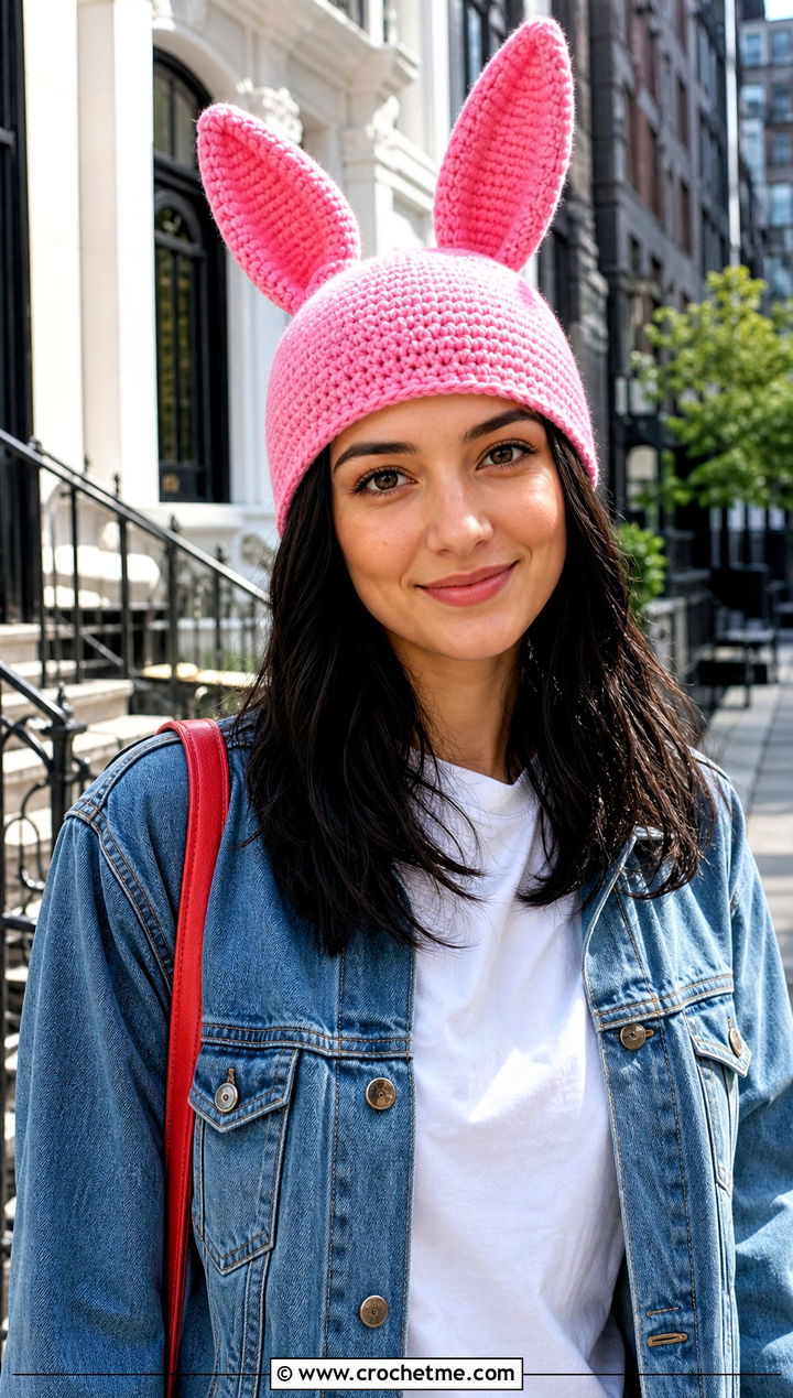 Classic Louise Crochet Bunny Ear Hat With Denim Jacket And Wide Leg Jeans - 25 Louise Crochet Hat outfit ideas