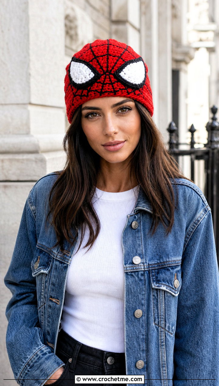 Classic Mask Mayday Crochet Beanie With Denim Jacket - 30 mayday crochet beanie outfit ideas