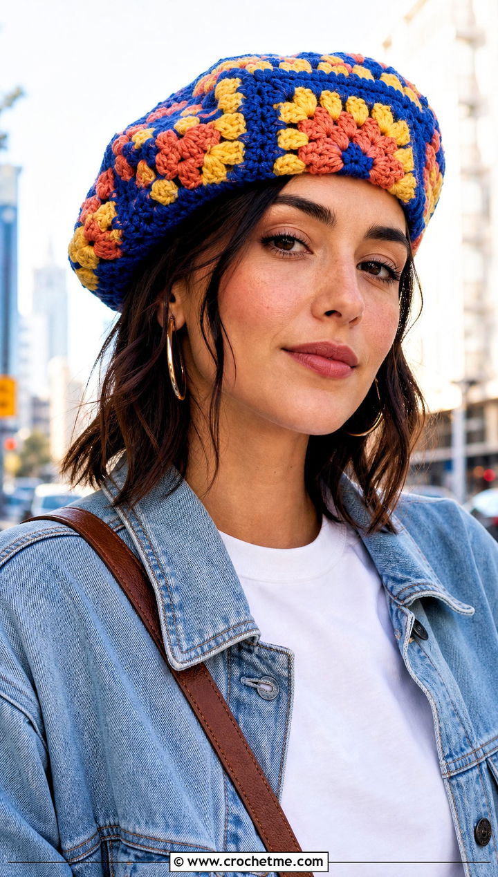 Classic Multicolor Crochet Granny Square Beret With Jeans - 25 Crochet Granny Square Beret outfit ideas