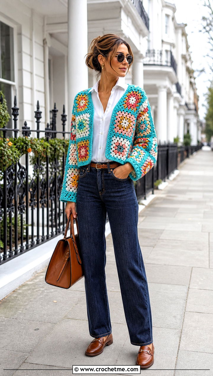 Classic Multicolor Cropped Granny Square Cardigan With White Shirt And Jeans - 20 Cropped Granny Square Cardigan outfit ideas
