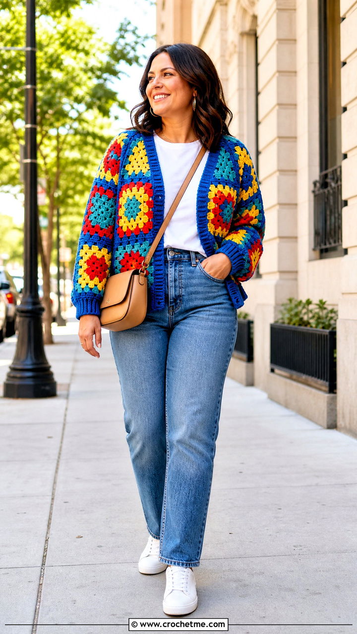 Classic Multicolor Granny Square Cardigan With Straight Leg Jeans - 35 crochet granny square cardigan outfit ideas