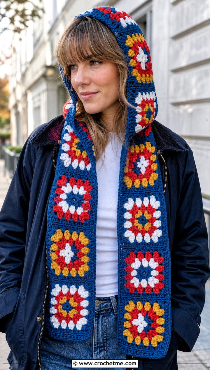 Classic Multicolor Granny Square Crochet Hooded Scarf With Straight Leg Jeans - 30 Granny Square Crochet Hooded Scarf outfit ideas