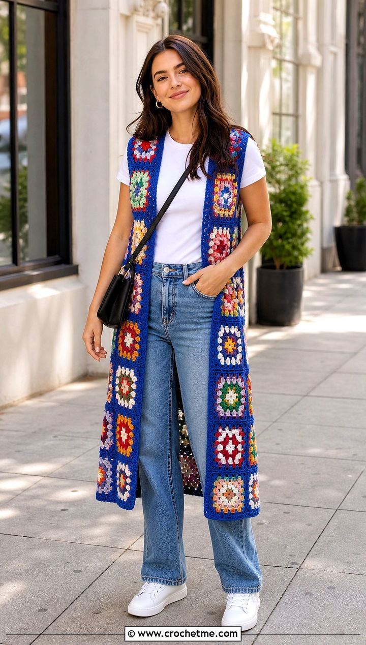 Classic Multicolor Granny Square Long Vest With White Tee And Jeans - 20 Granny Square Long Vest outfit ideas