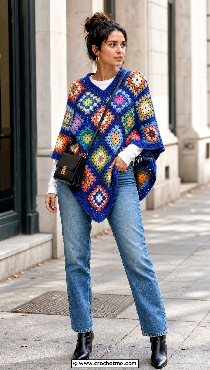 Classic Multicolor Granny Square Poncho With Straight Leg Jeans - 25 Granny Squares Poncho outfit ideas