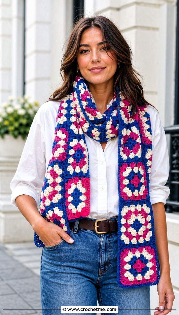 Classic Multicolor Granny Square Scarf With Jeans and White Shirt - 25 granny square scarves outfit ideas