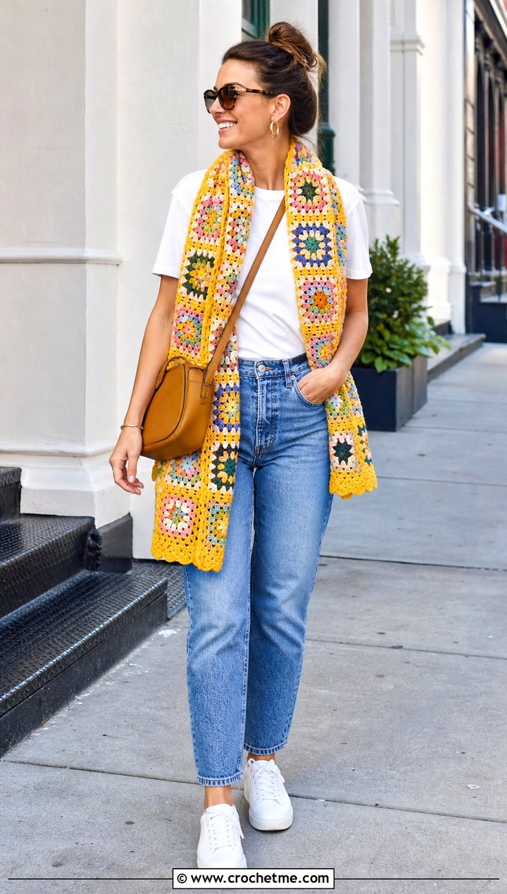 Classic Multicolor Granny Square Scarf With White T Shirt And Jeans - 35 granny square crochet scarf outfit ideas