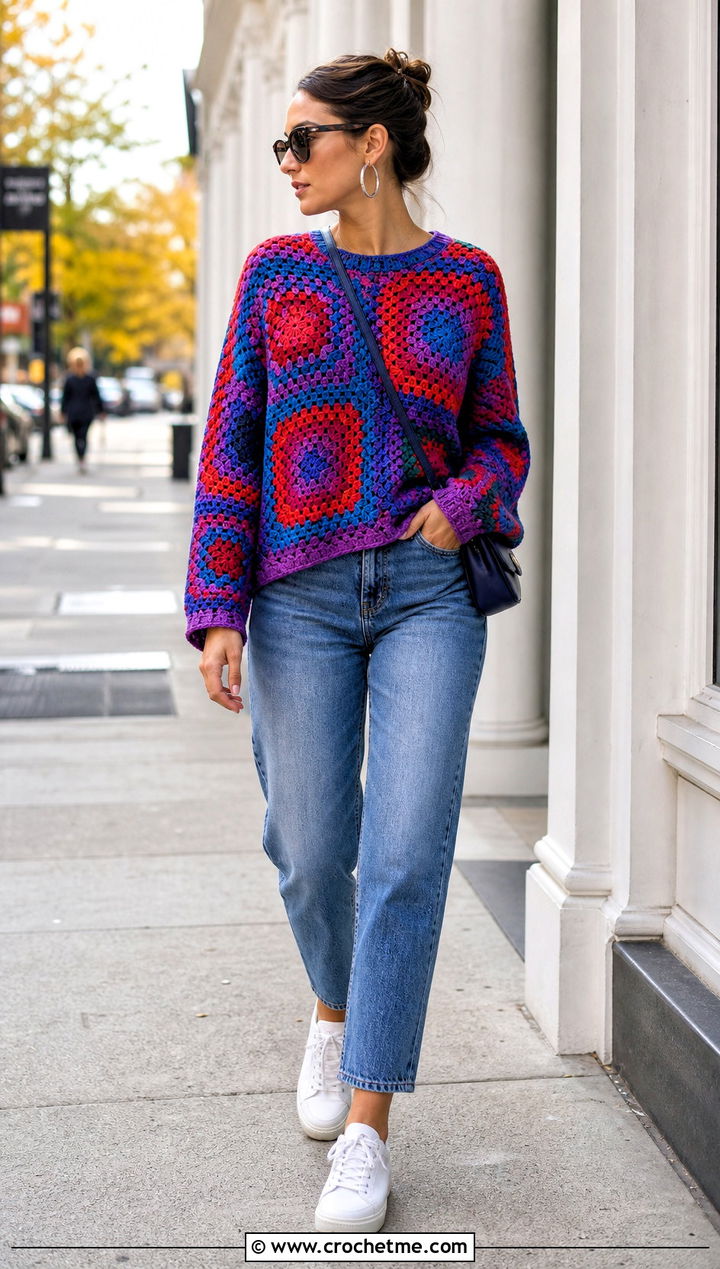 Classic Multicolor Oversized Granny Square Sweater With Straight Jeans - 15 Crochet Oversized Granny Square Sweater outfit ideas