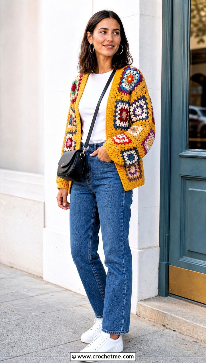 Classic Patchwork Granny Square Cardigan With Straight Leg Jeans - 35 granny square crochet cardigan jacket outfit ideas