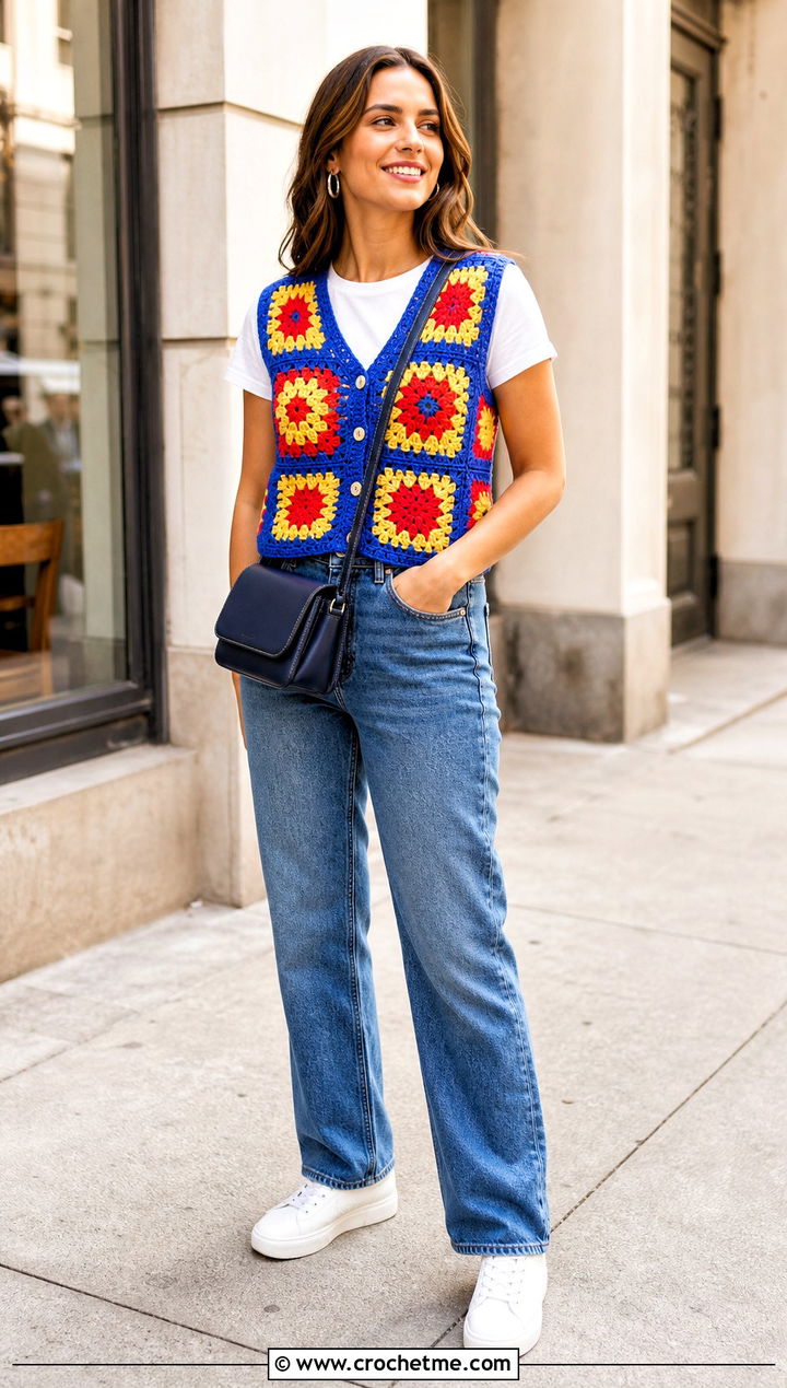 Classic Patchwork Granny Square Crochet Vest With Straight Jeans - 25 Granny Square Crochet Vest outfit ideas
