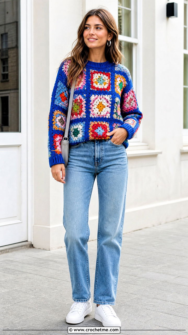 Classic Patchwork Granny Square Jumper With Straight Leg Jeans - 35 crochet granny square jumper outfit ideas