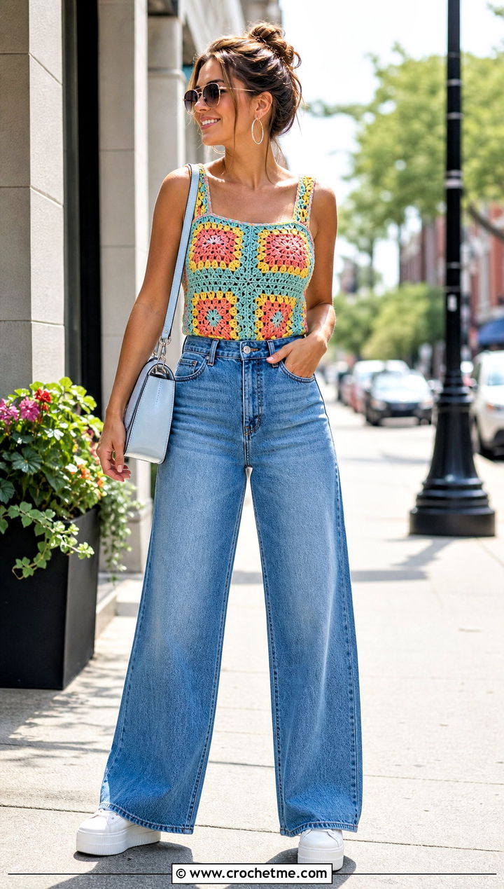 Classic Patchwork Granny Square Tank Top With Wide Leg Jeans - 35 granny square crochet top outfit ideas