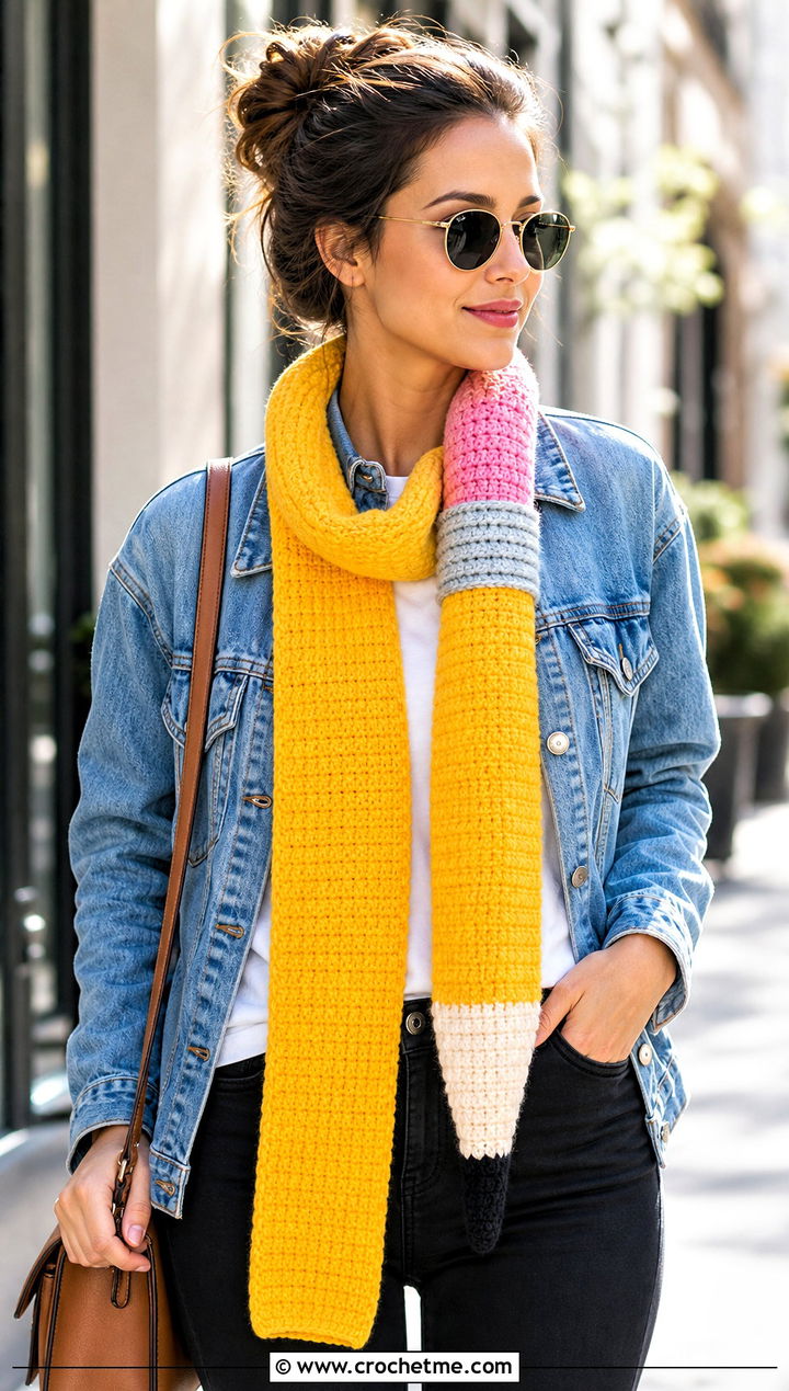 Classic Pencil Crochet Scarf With Denim Jacket - 30 Pencil Crochet Scarf outfit ideas