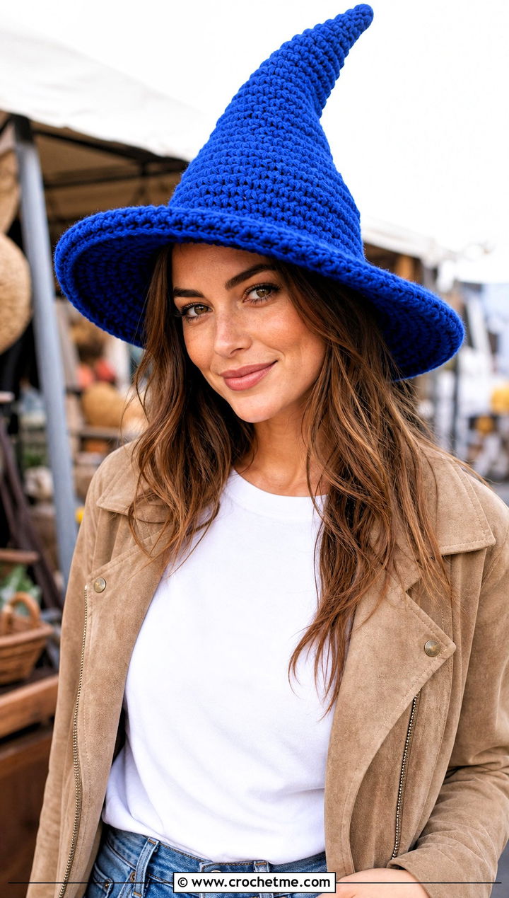 Classic Pointed Witchs Crochet Hat With Jeans - 15 Witch's Crochet Hat outfit ideas