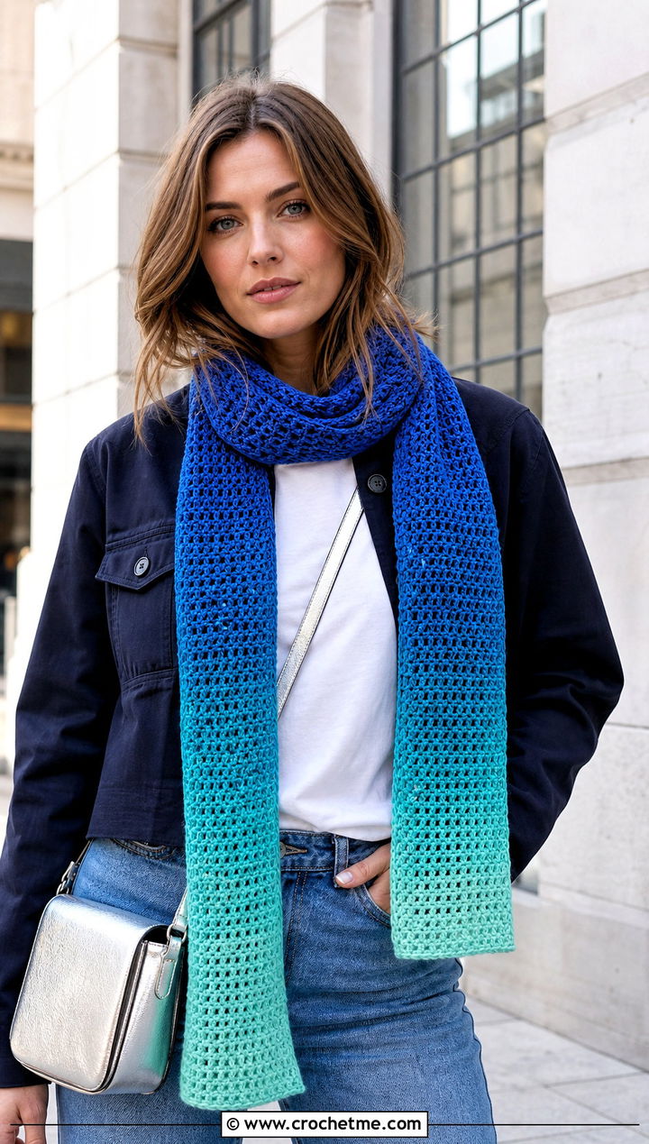 Classic Rectangular Gradient Crochet Scarf With Jeans - 25 gradient crochet scarf outfit ideas