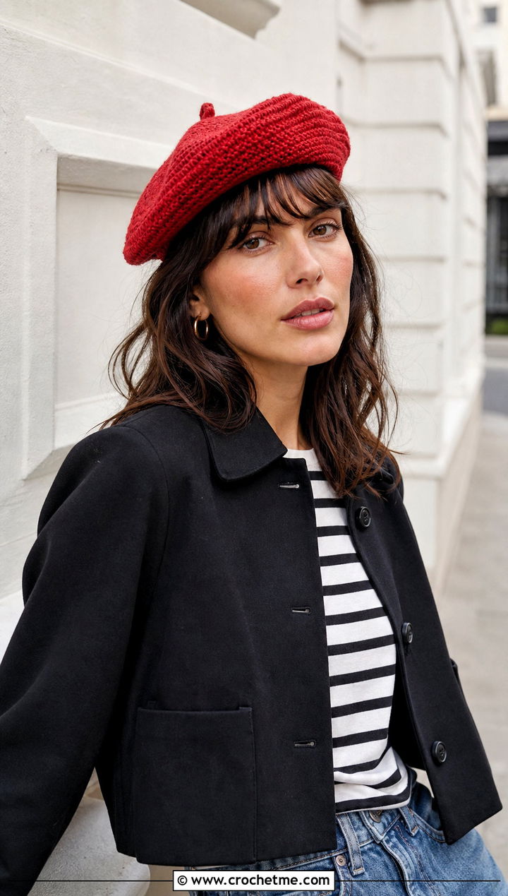 Classic Red Crochet Beret With Striped Top And Jeans - 15 red crochet beret outfit ideas