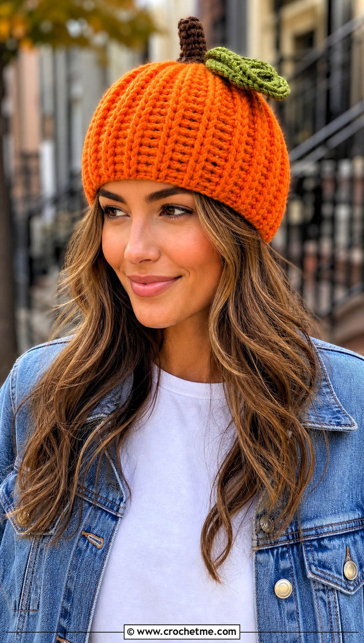 Classic Ribbed Crochet Pumpkin Beanie With Denim Jacket - 30 crochet pumpkin beanie outfit ideas