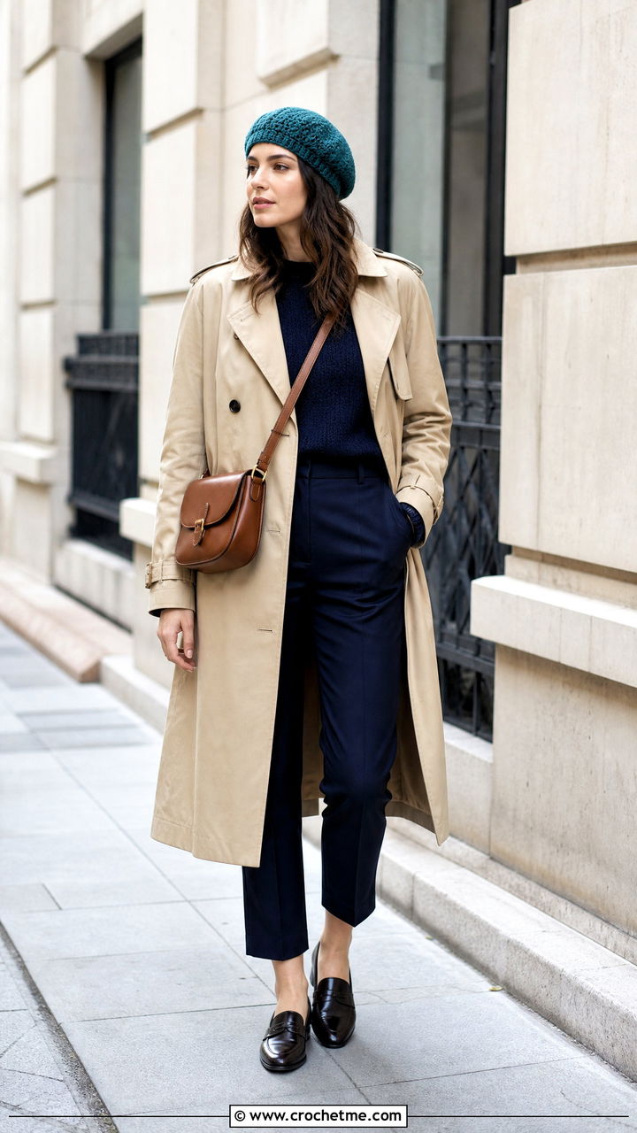 Classic Round Crochet Beret With Trench Coat - 35 crochet beret outfit ideas