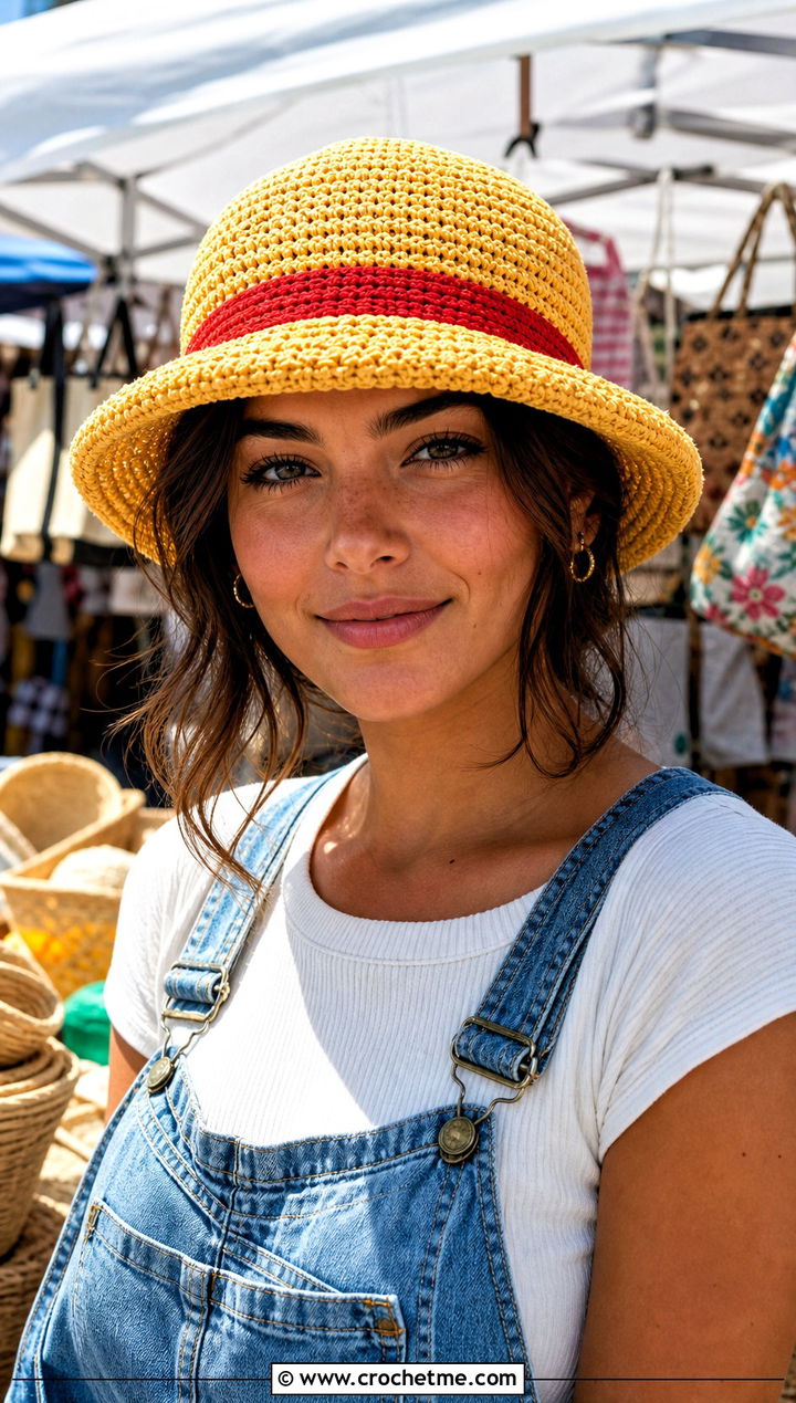 Classic Round Crown Luffy Crochet Straw Hat With Denim Overalls - 25 luffy crochet straw hat outfit ideas