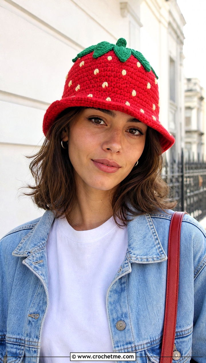 Classic Seeded Strawberry Crochet Bucket Hat With Jeans - 15 strawberry crochet bucket hat outfit ideas
