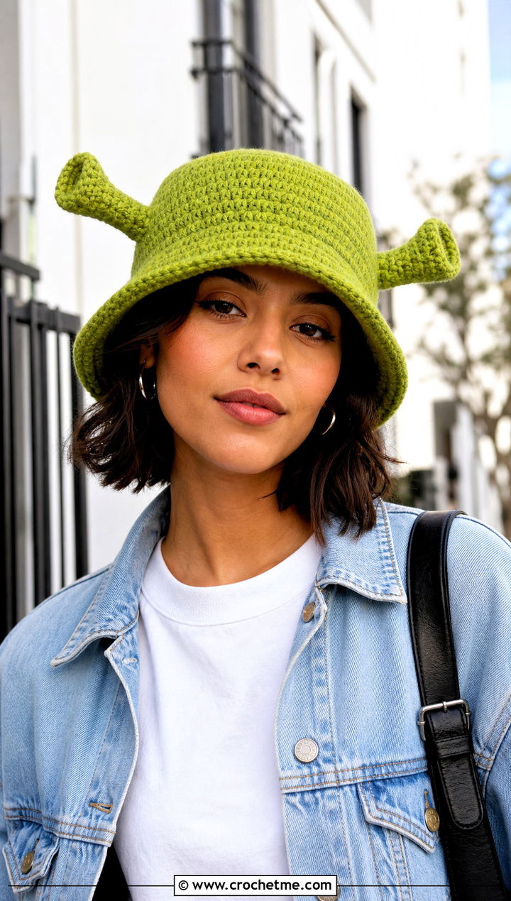 Classic Shrek Crochet Bucket Hat With White Tee And Wide Leg Jeans - 25 shrek crochet bucket hat outfit ideas