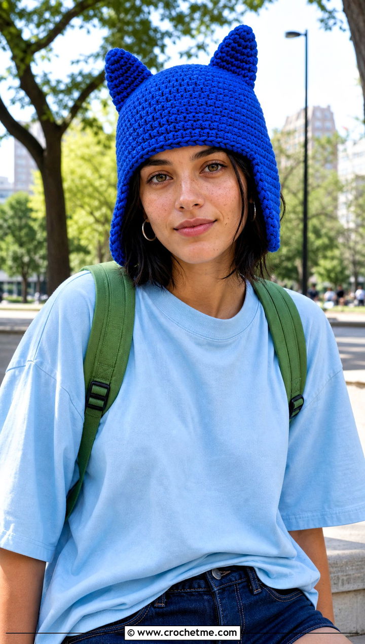 Classic Single Crochet Finn Hat With Blue T Shirt And Denim Shorts - 30 crochet adventure time finn hat outfit ideas