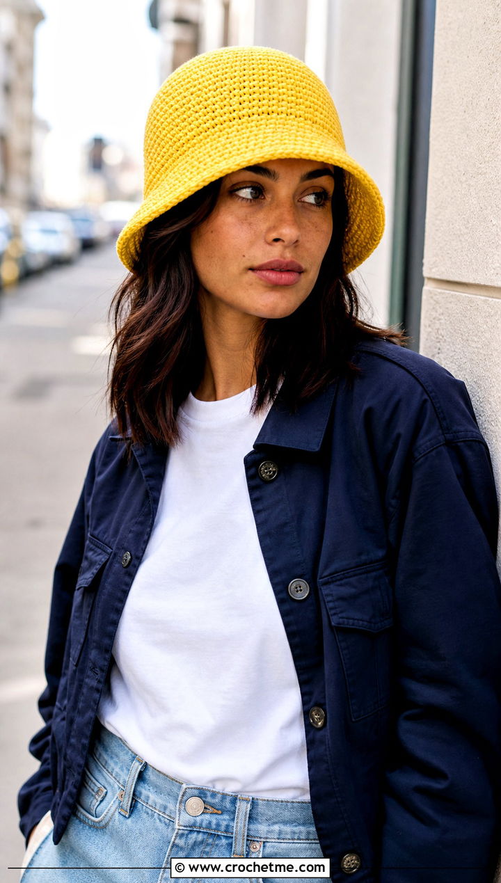 Classic Single Crochet Lemon Bucket Hat With Jeans - 25 Lemon Crochet Bucket Hat outfit ideas