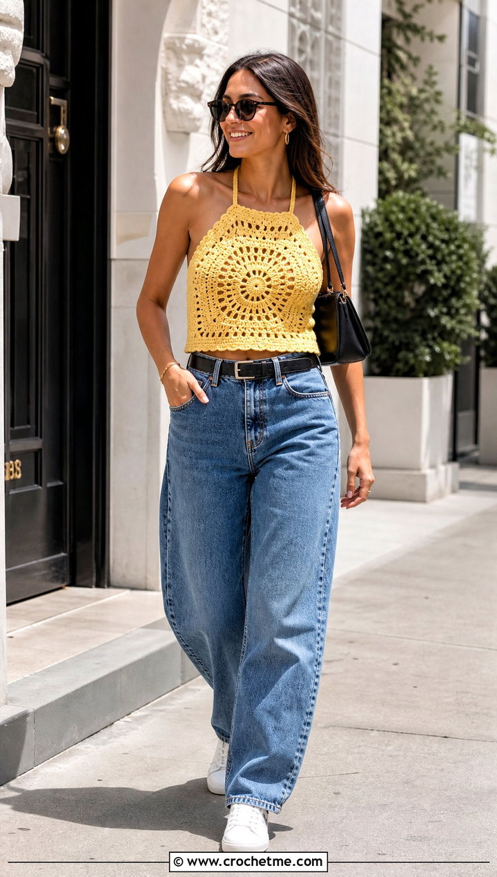Classic Single Granny Square Halter Top With Barrel Jeans - 25 single granny square top outfit ideas
