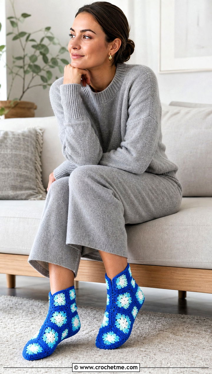 Classic Six Square Granny Square Slipper Socks With A Knit Lounge Set - 15 Granny Square Slipper Socks outfit ideas