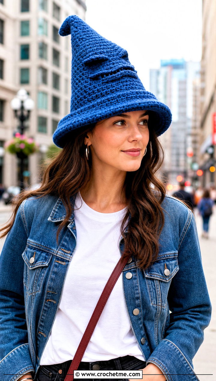 Classic Slouchy Crochet Sorting Hat With Denim Jacket - 35 crochet sorting hat outfit ideas