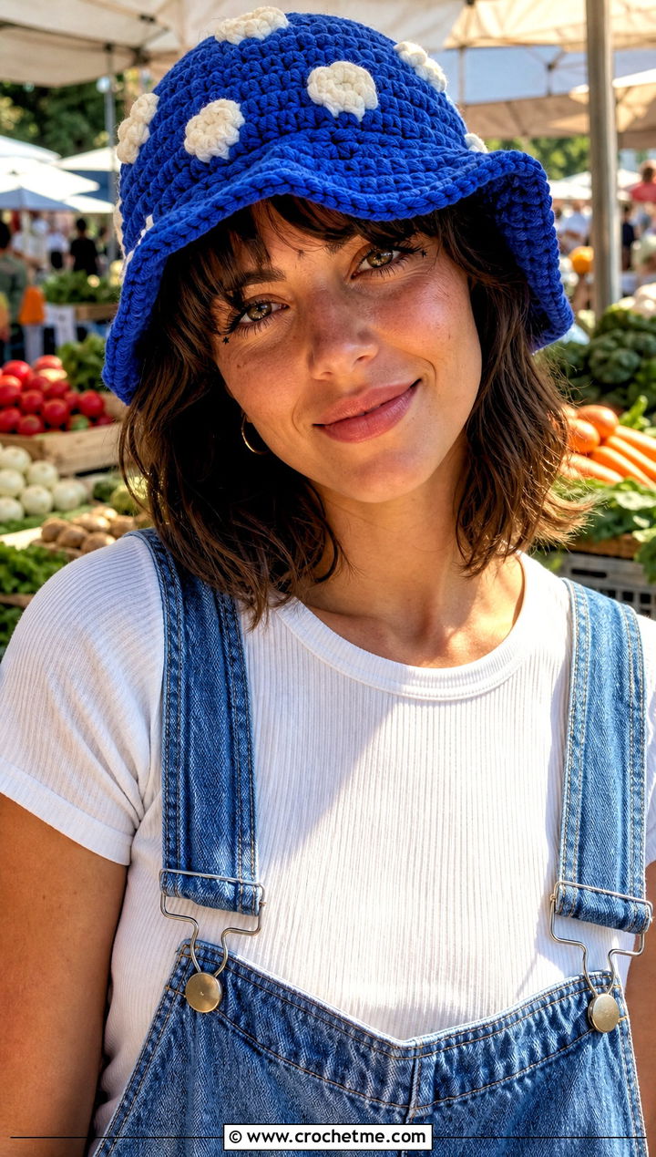 Classic Spotted Crochet Toadstool Bucket Hat With Denim Overalls - 15 Crochet Toadstool Hat outfit ideas