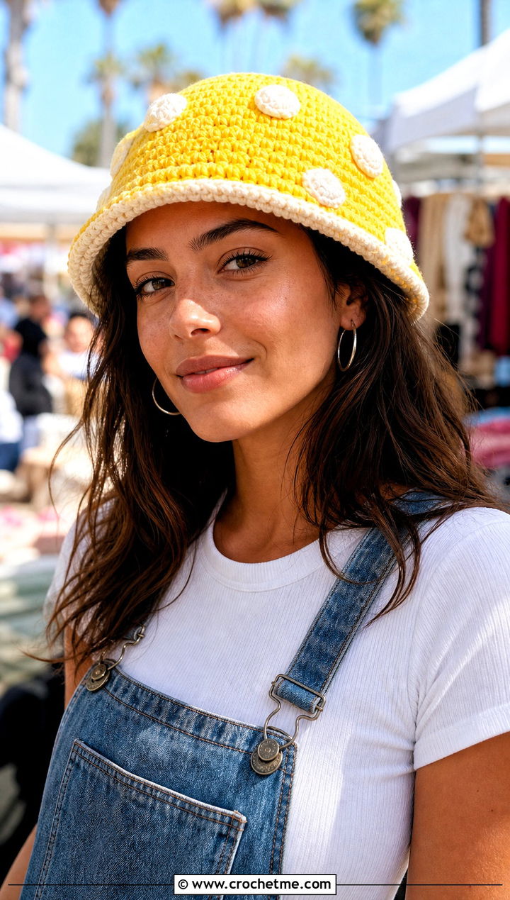 Classic Spotted Mushroom Crochet Cap With Denim Overalls - 20 Mushroom Crochet Cap outfit ideas