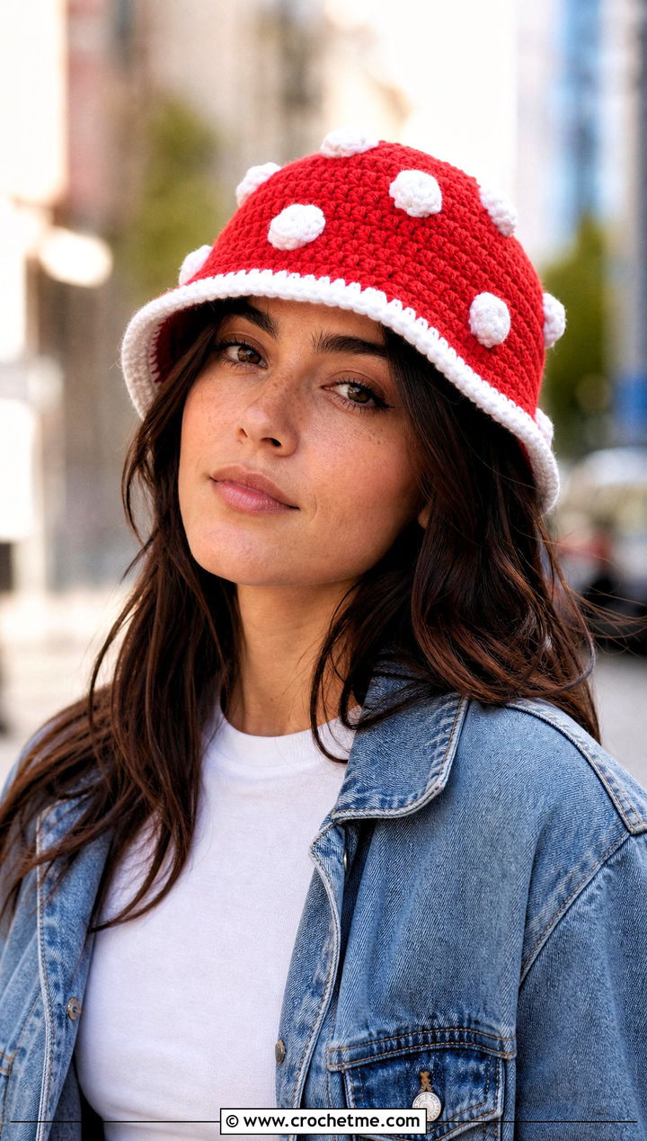 Classic Spotted Mushroom Crochet Hat With Denim Jacket - 25 mushroom crochet hat outfit ideas
