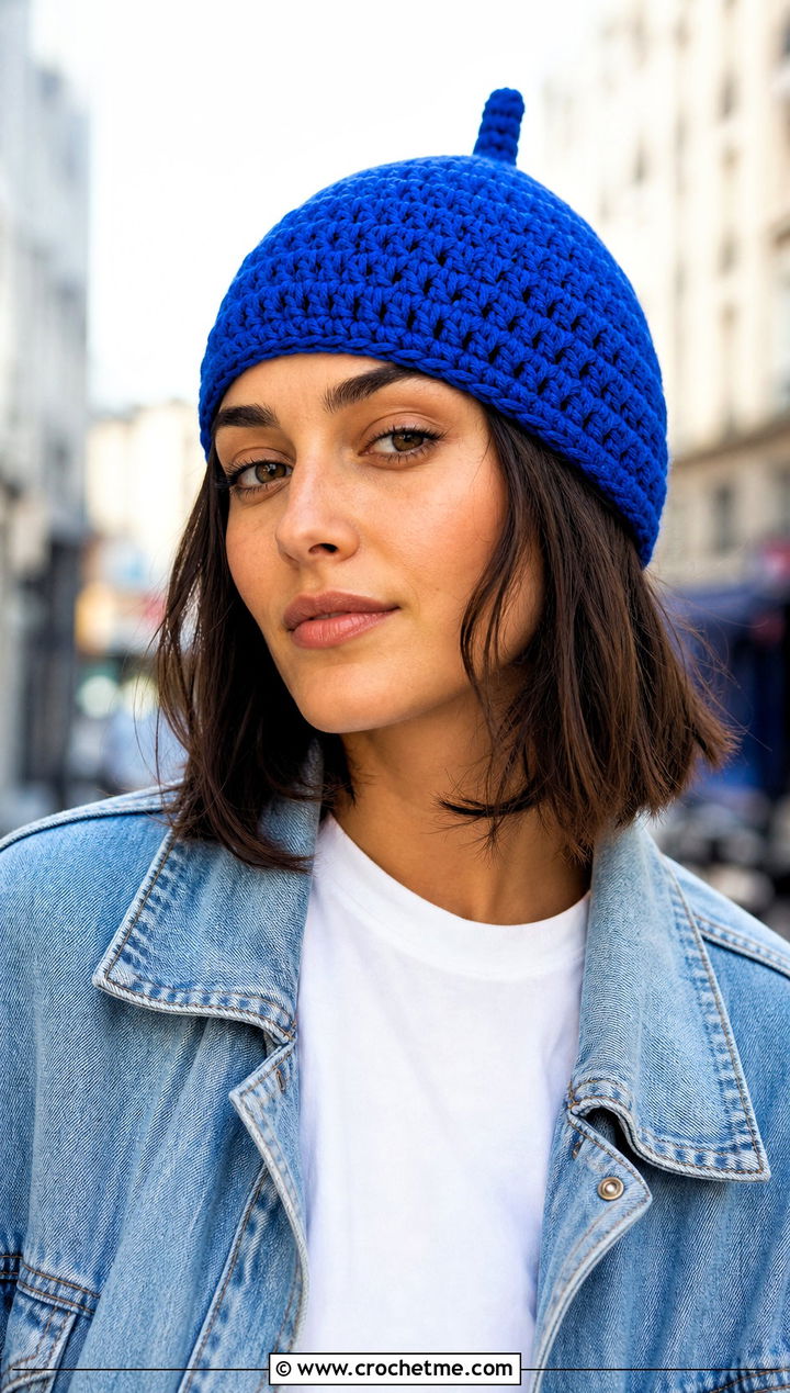 Classic Stem Crochet Acorn Beanie With Denim Jacket - 30 crochet acorn hat outfit ideas