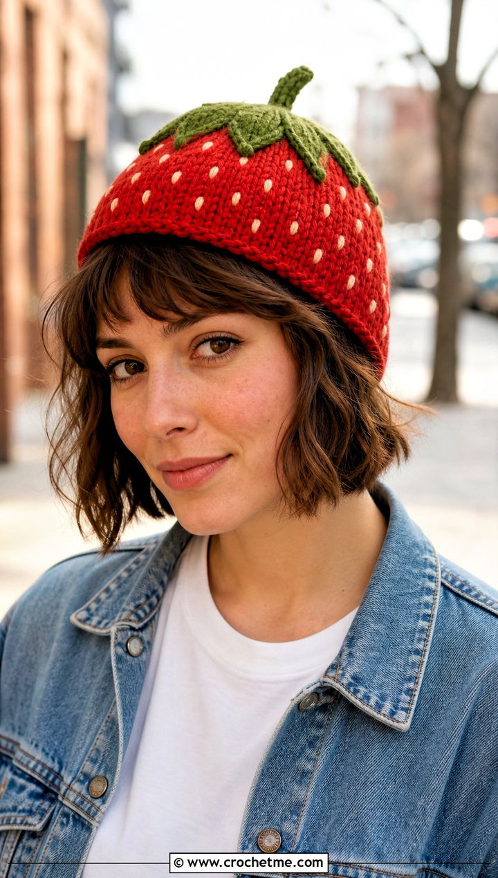 Classic Strawberry Beanie With Straight Leg Jeans - 30 Crochet Strawberry Beanie outfit ideas