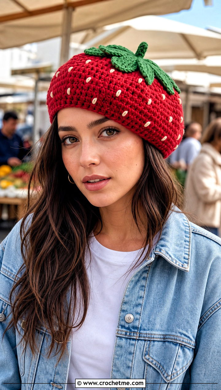 Classic Strawberry Crochet Beret With Denim Jacket - 25 strawberry crochet beret outfit ideas