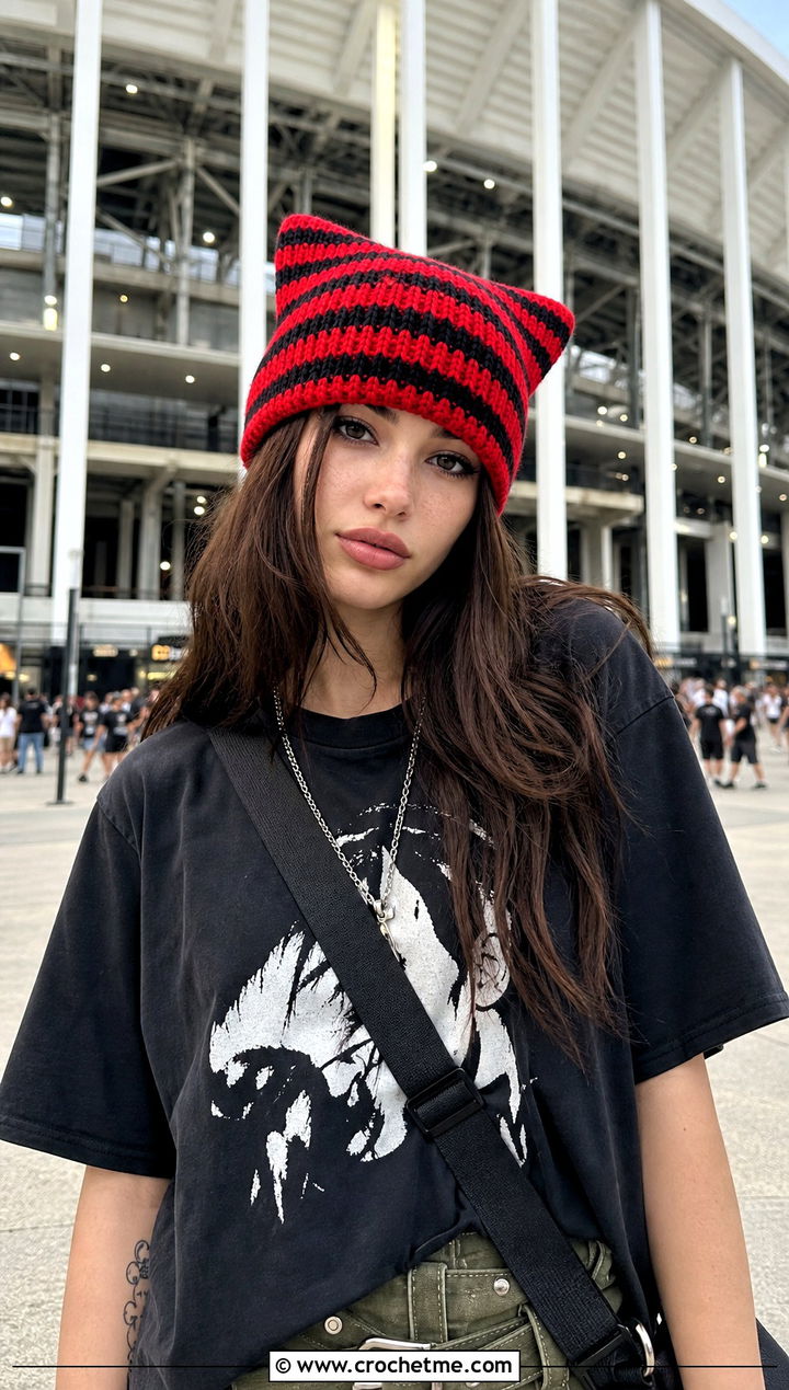 Classic Striped Clancy Crochet Beanie With Band Tee And Cargo Pants - 30 clancy beanie crochet outfit ideas