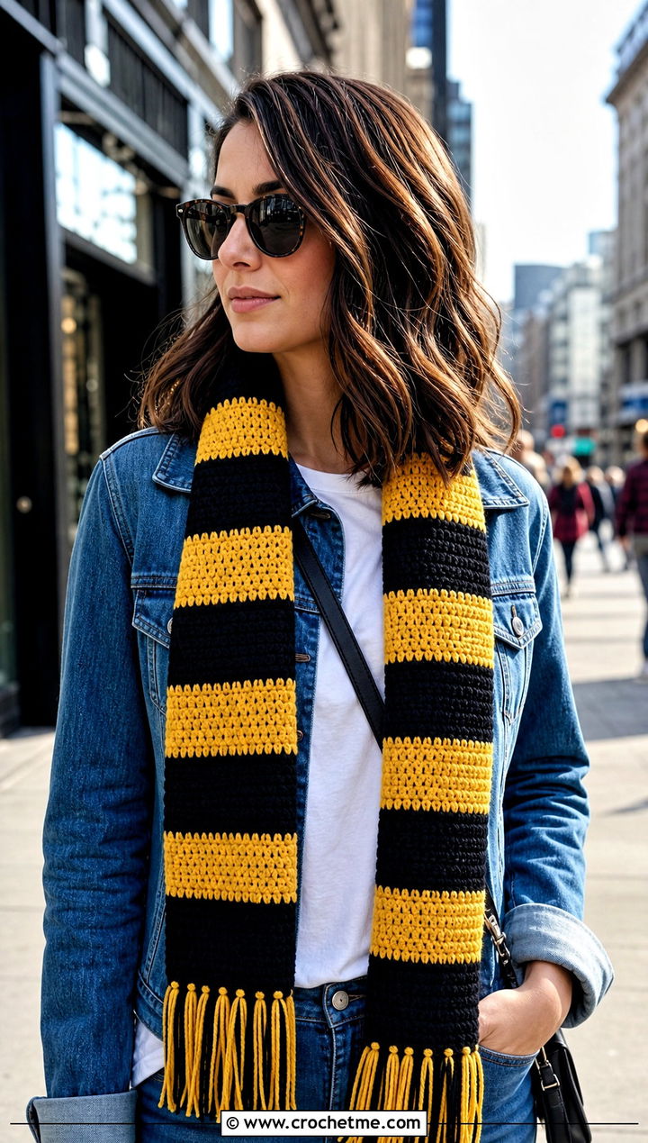 Classic Striped Crochet Hufflepuff Scarf With Denim Jacket - 30 crochet hufflepuff scarf outfit ideas