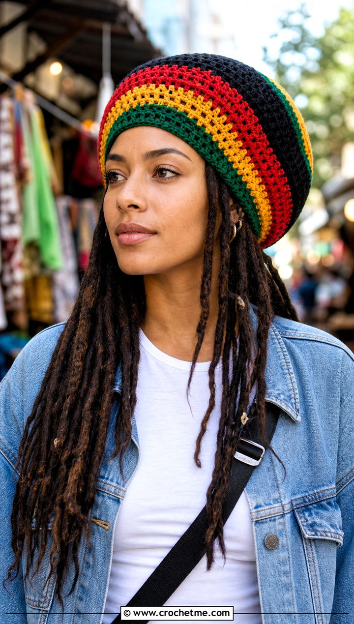 Classic Striped Crochet Rasta Tam Hat With Denim Jacket - 25 crochet rasta tam hat outfit ideas