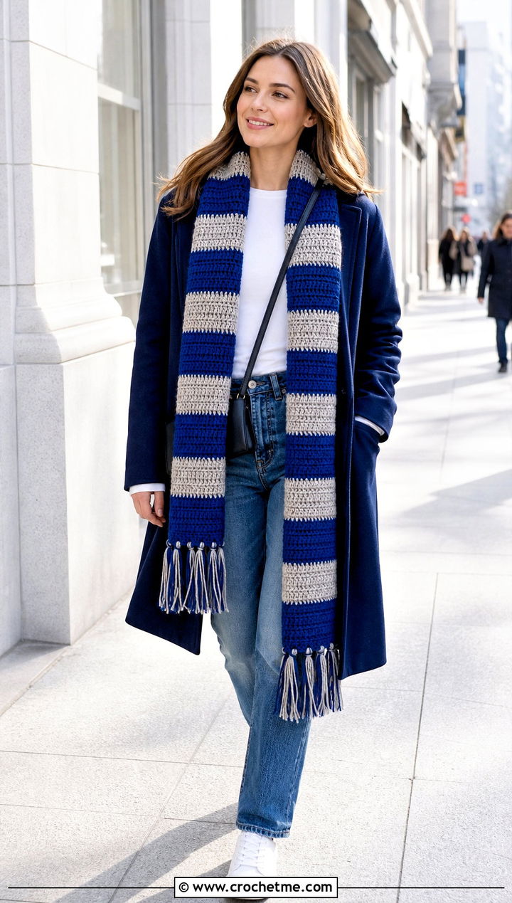 Classic Striped Crochet Ravenclaw Scarf With Straight Leg Jeans - 35 crochet ravenclaw scarf outfit ideas