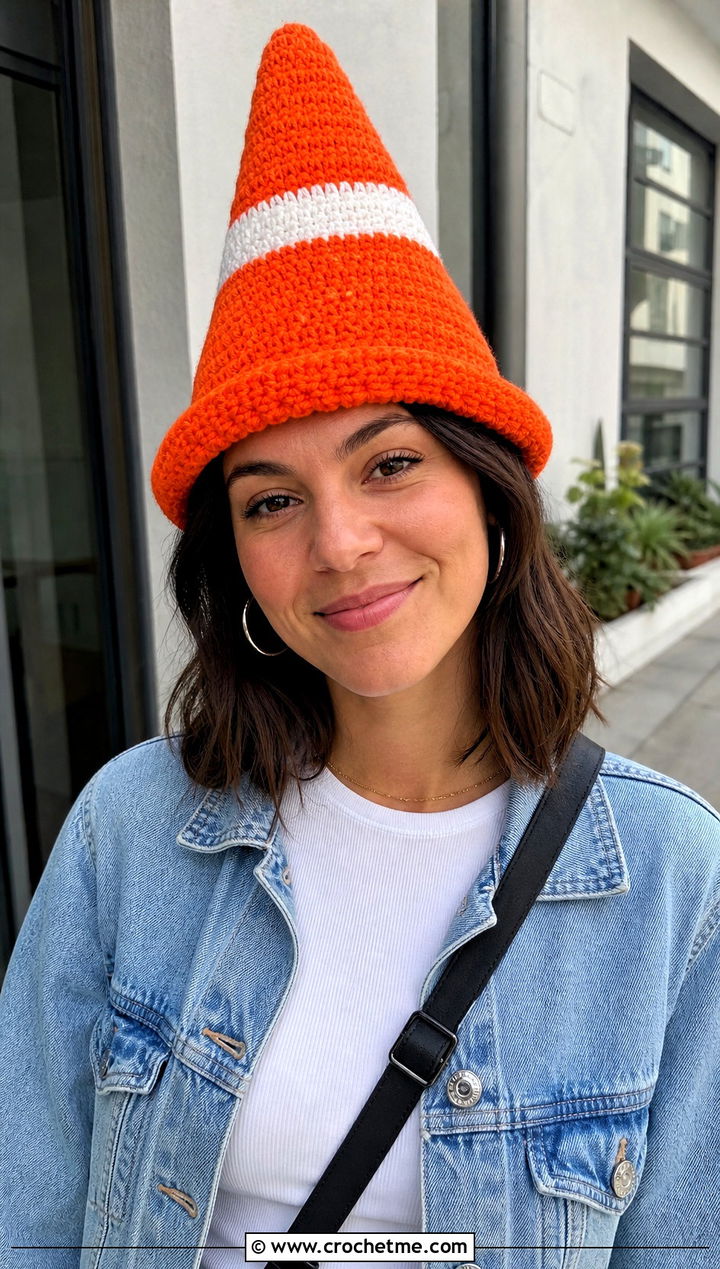 Classic Striped Crochet Traffic Cone Hat With Denim Jacket - 25 crochet traffic cone hat outfit ideas
