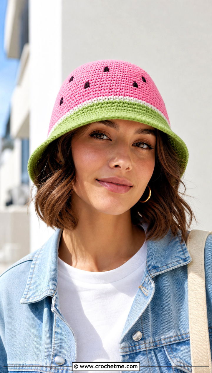 Classic Striped Crochet Watermelon Bucket Hat With White Tee And Jeans - 30 crochet watermelon bucket hat outfit ideas