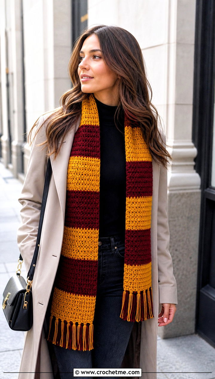 Classic Striped Gryffindor Crochet Scarf With Trench Coat - 25 gryffindor crochet scarf outfit ideas