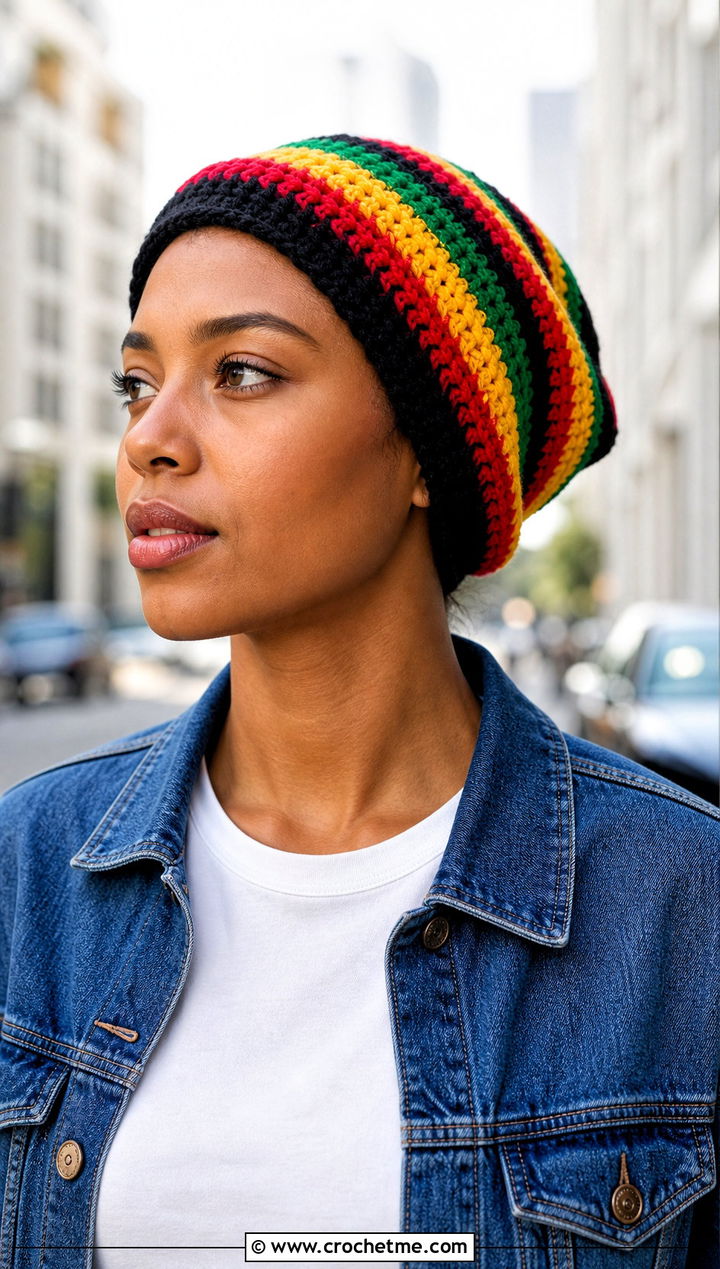 Classic Striped Rasta Beanie With Denim Jacket - 25 crochet rasta beanie outfit ideas