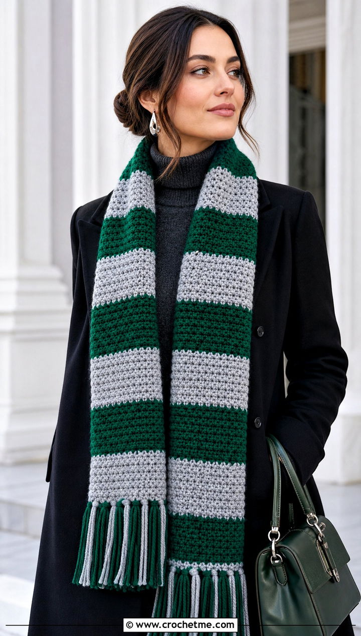 Classic Striped Slytherin Crochet Scarf With Black Wool Coat - 30 slytherin crochet scarf outfit ideas