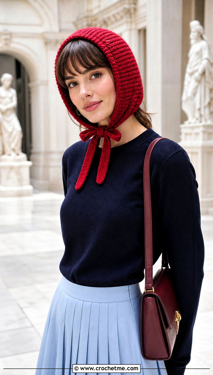 Classic Tie Crochet Bonnet With Midi Skirt - 25 Easy Crochet Bonnet outfit ideas