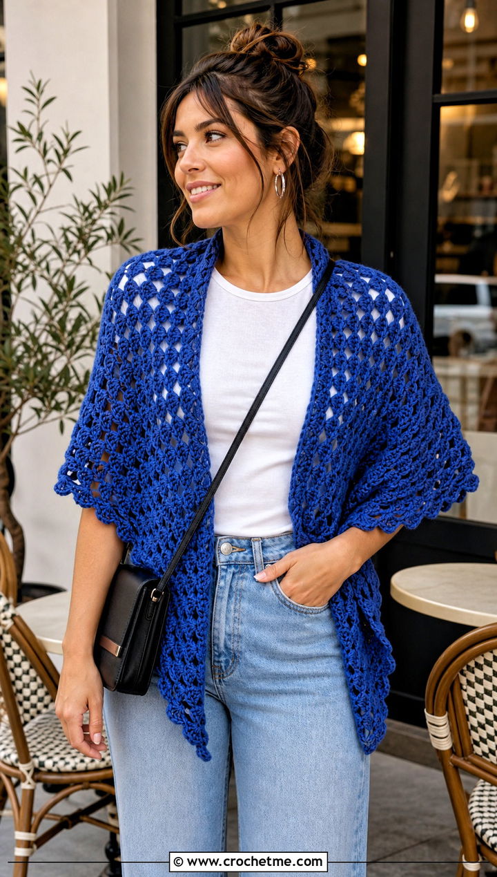 Classic Triangle Granny Crochet Shawl With Straight Leg Jeans - 15 Granny Crochet Shawl outfit ideas