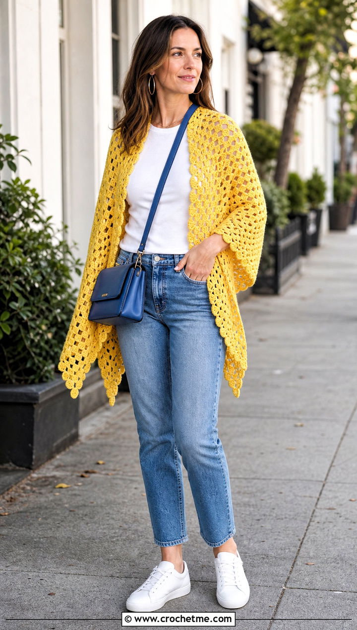 Classic Triangle Granny Square Shawl With T Shirt And Jeans - 35 granny square shawl outfit ideas
